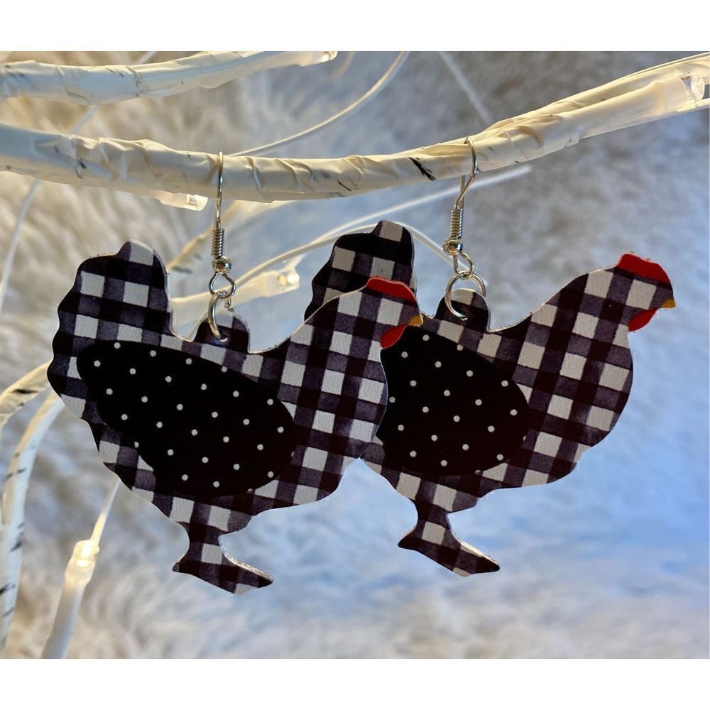 NEW Shabby Chic Farmhouse Black White Checkered Polka Dot Chicken Earrings